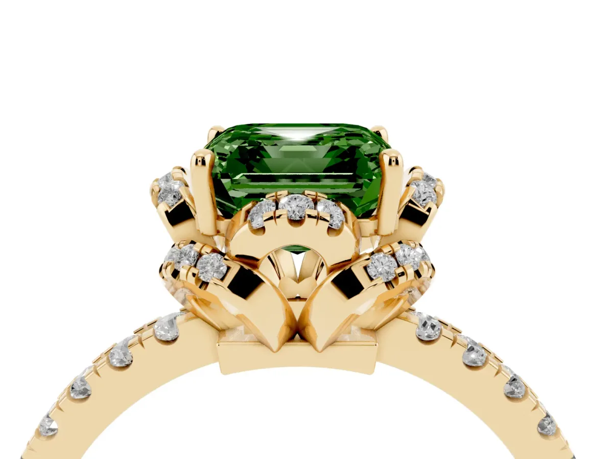 Fancy Green Asscher Cut Diamond Halo Pave Band with Four-Prong Setting Yellow gold