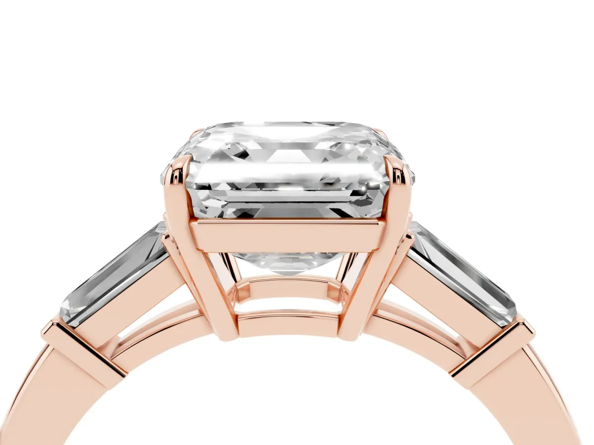 Asscher Cut Diamond Three-Stone Ring with Tapered Baguette Side Stones and Prong Setting Rose gold
