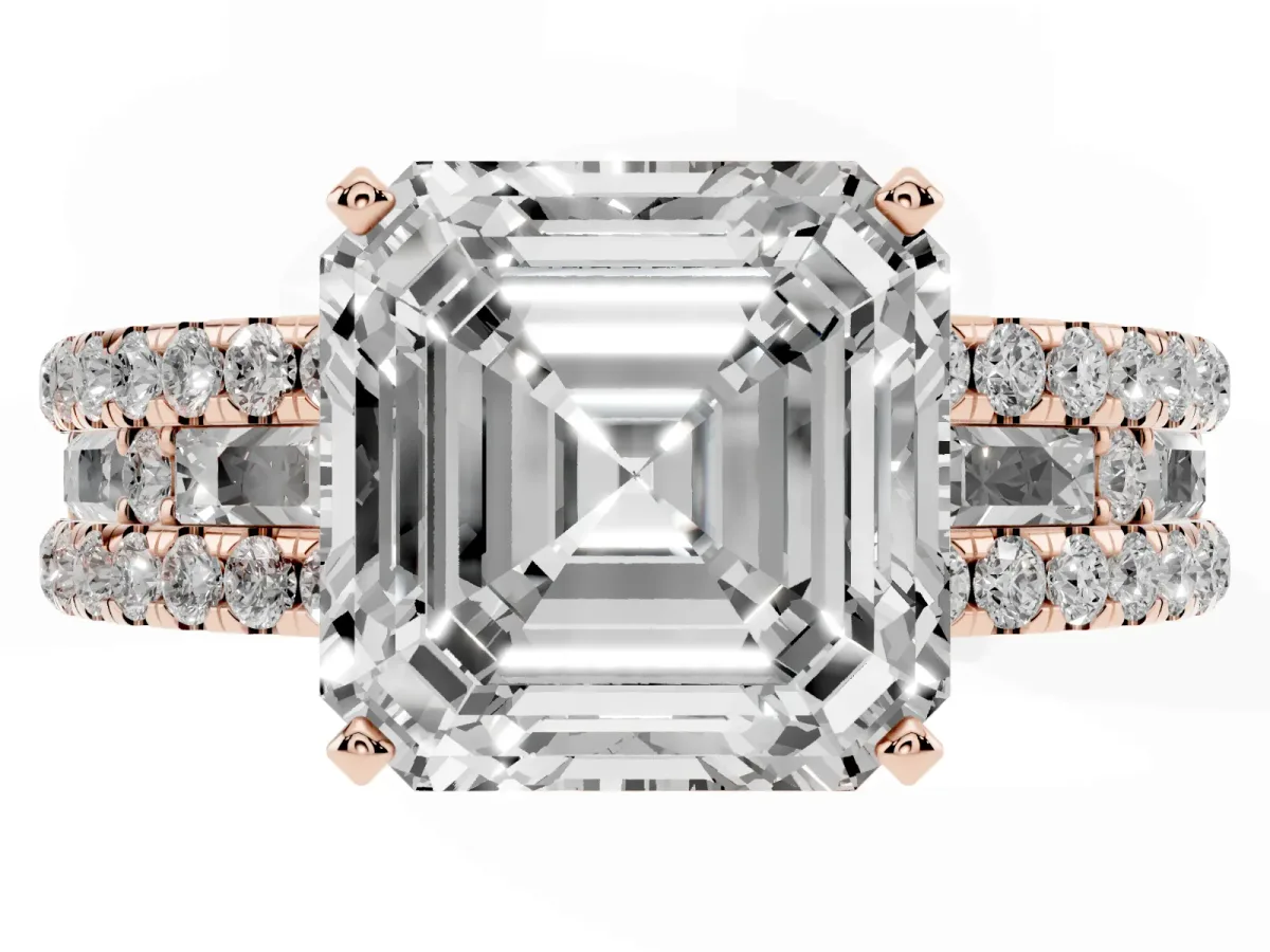 Asscher Cut Diamond Solitaire Ring with Pavé and Channel Set Band Rose gold