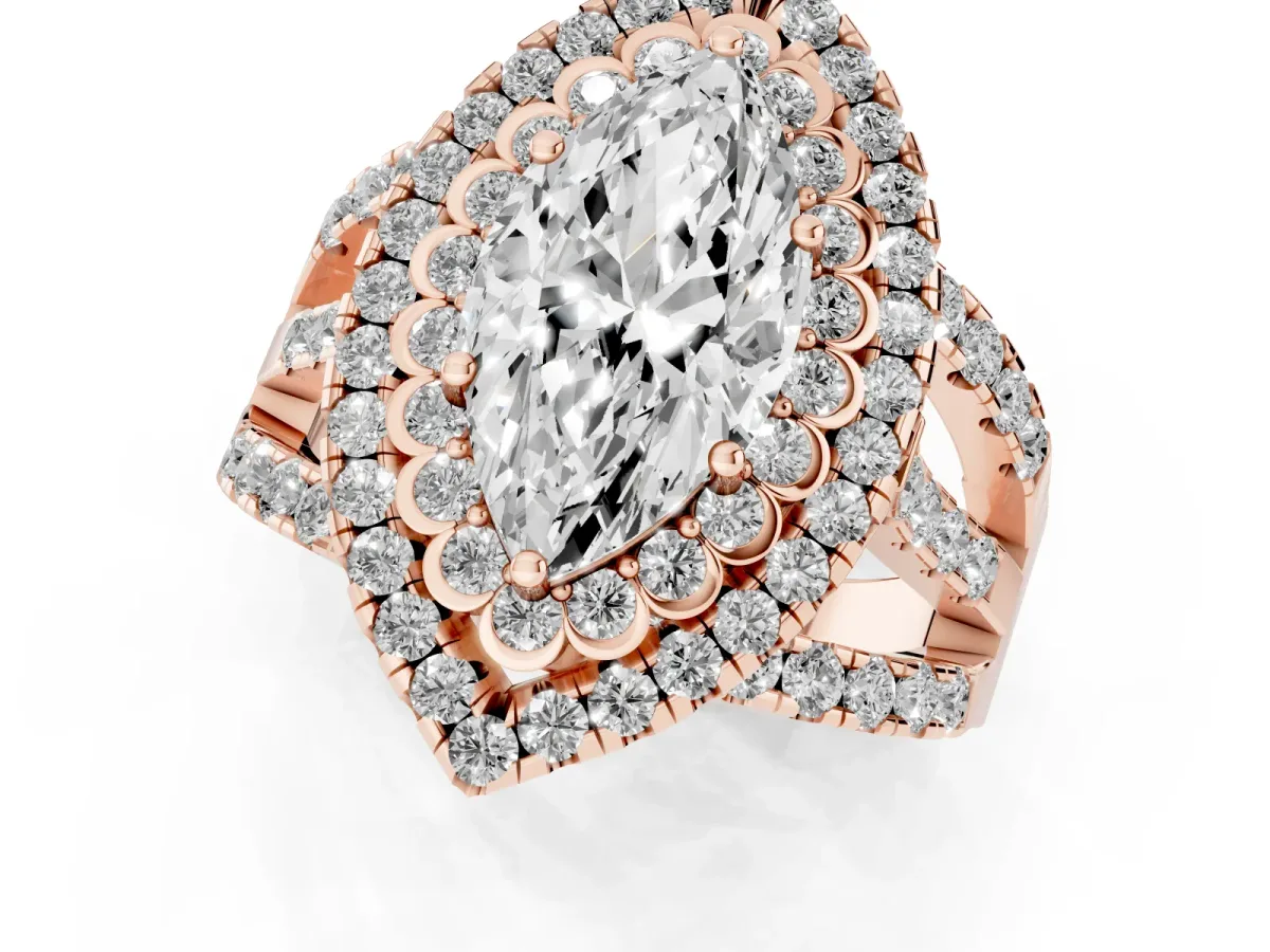 Marquise Cut Diamond Double Halo Ring with Round Pavé Split Shank and Prong Setting Rose gold