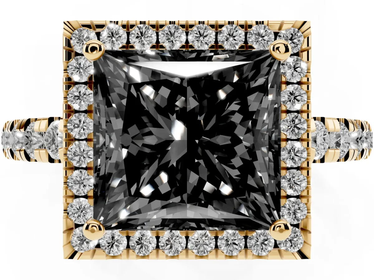 Fancy Black Princess Cut Diamond Halo Ring with Pavé Band and Four-Prong Setting Yellow gold