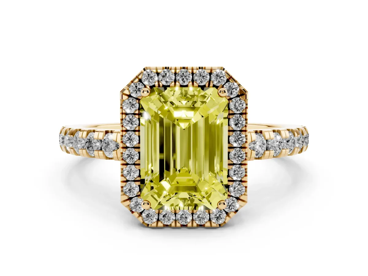 Fancy Yellow Emerald Cut Diamond Halo Ring with Pavé Band and Four-Prong Setting Yellow gold