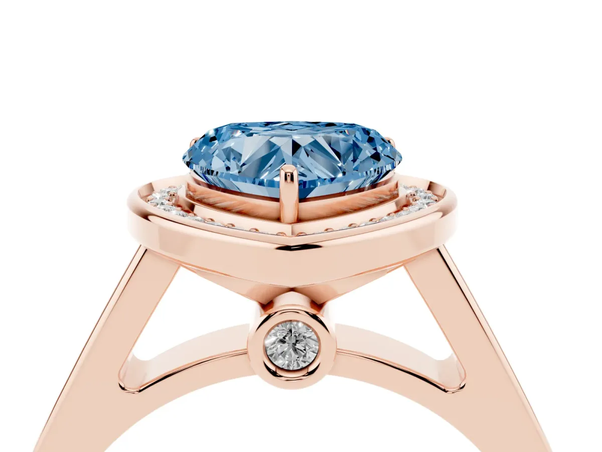 Fancy Blue Heart Cut Halo Solitaire Diamond Ring with Pave Band and Bezel Setting Rose gold
