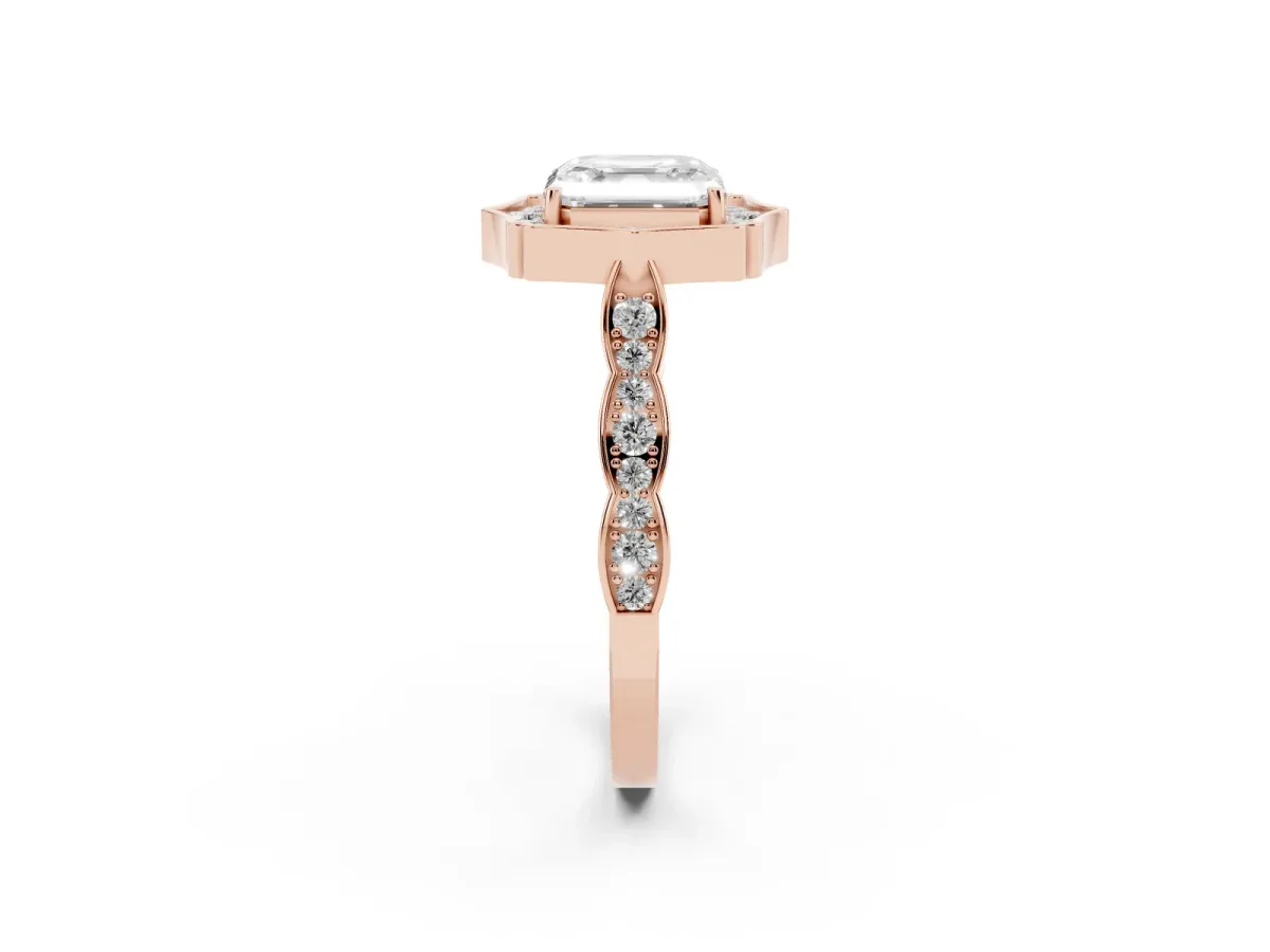 Asscher Cut Halo Diamond Engagement Ring with Milgrain Band and Four-Prong Setting Rose gold