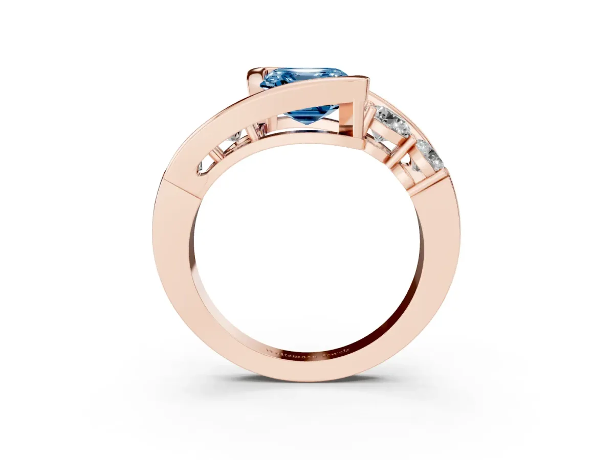 Fancy Blue Bezel Set Asscher Cut Diamond Bypass Ring with Round Accents Rose gold
