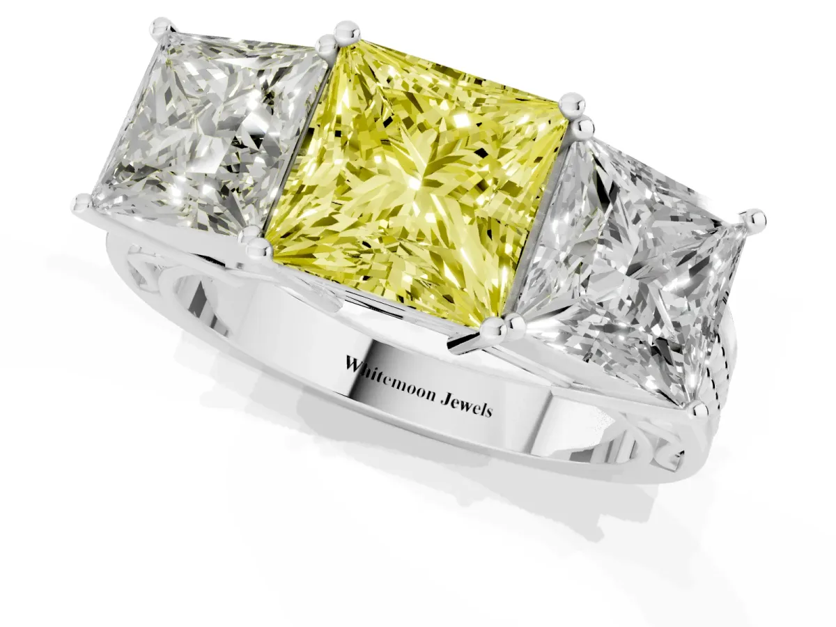 Fancy Yellow Princess Cut Diamond Three-Stone Ring with Prong Setting and Textured Band Silver