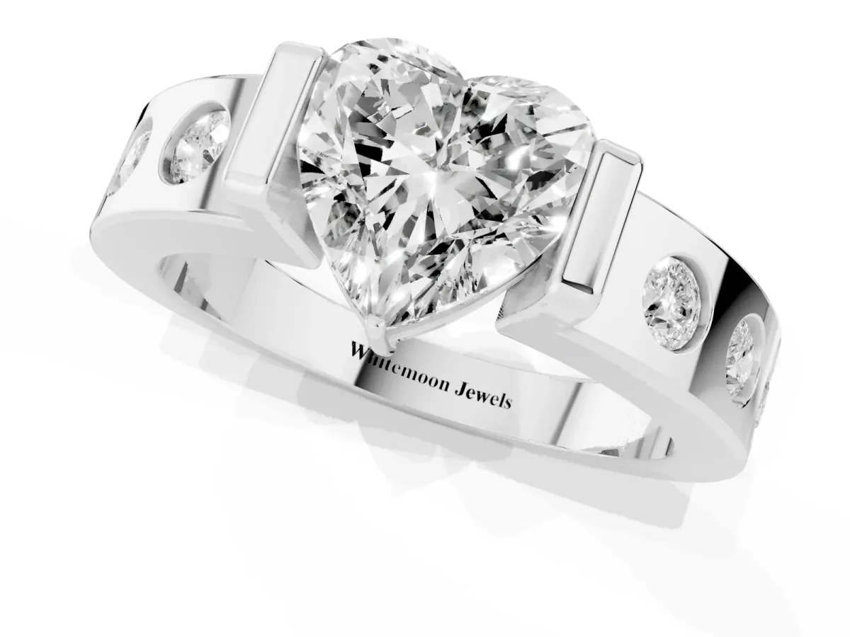 Heart Cut Brilliant Channel-Set Diamond Ring with Bezel Prong Setting Silver