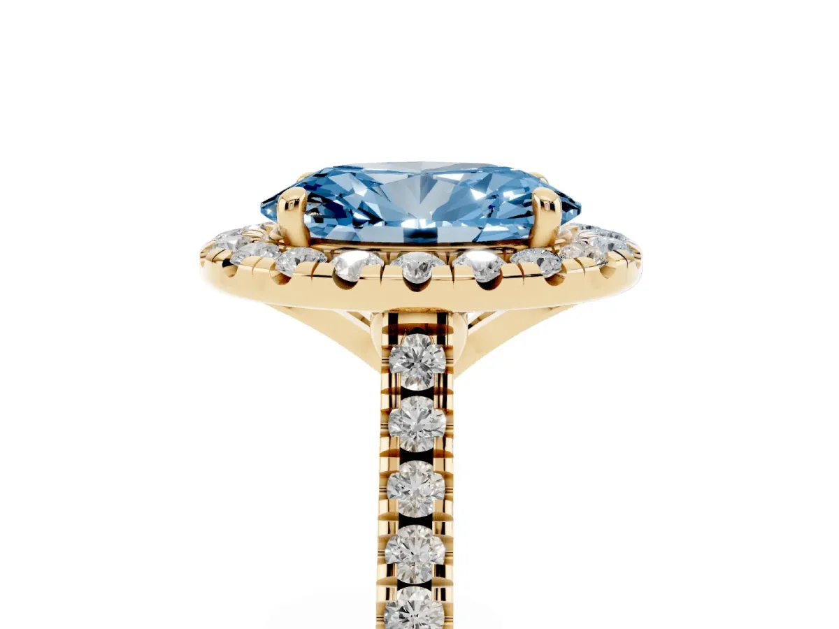 Fancy Blue Oval Cut Diamond Cushion Halo Ring with Pavé Band Yellow gold