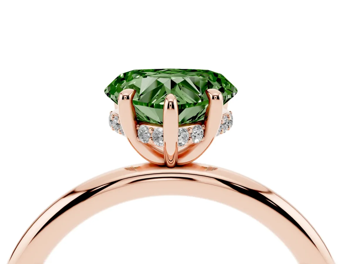 Fancy Green Heart Cut Diamond Solitaire Ring with Thin Band and Four-Prong Setting Rose gold
