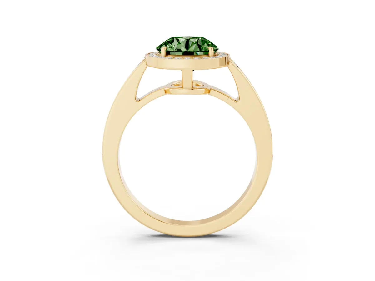 Fancy Green Round Cut Halo Pavé Diamond Engagement Ring with Bezel Setting Yellow gold