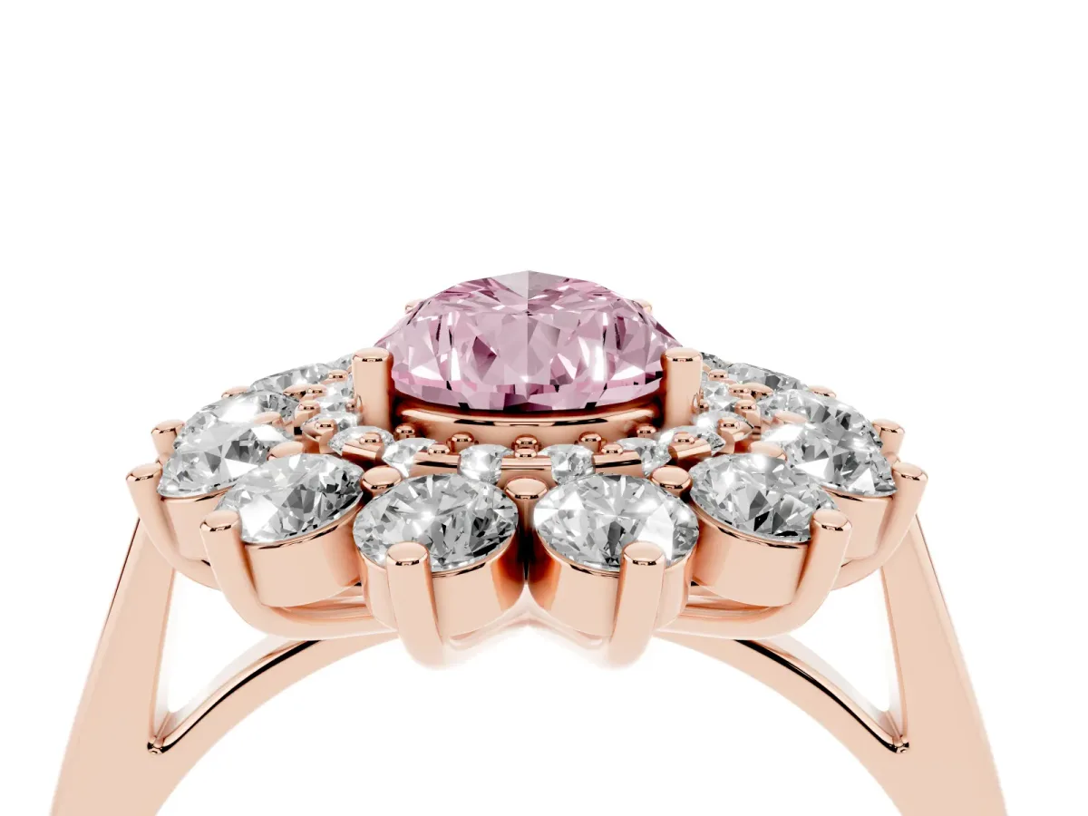 Fancy Pink Pear Cut Diamond Floral Double Halo Engagement Ring with Prong Setting Rose gold
