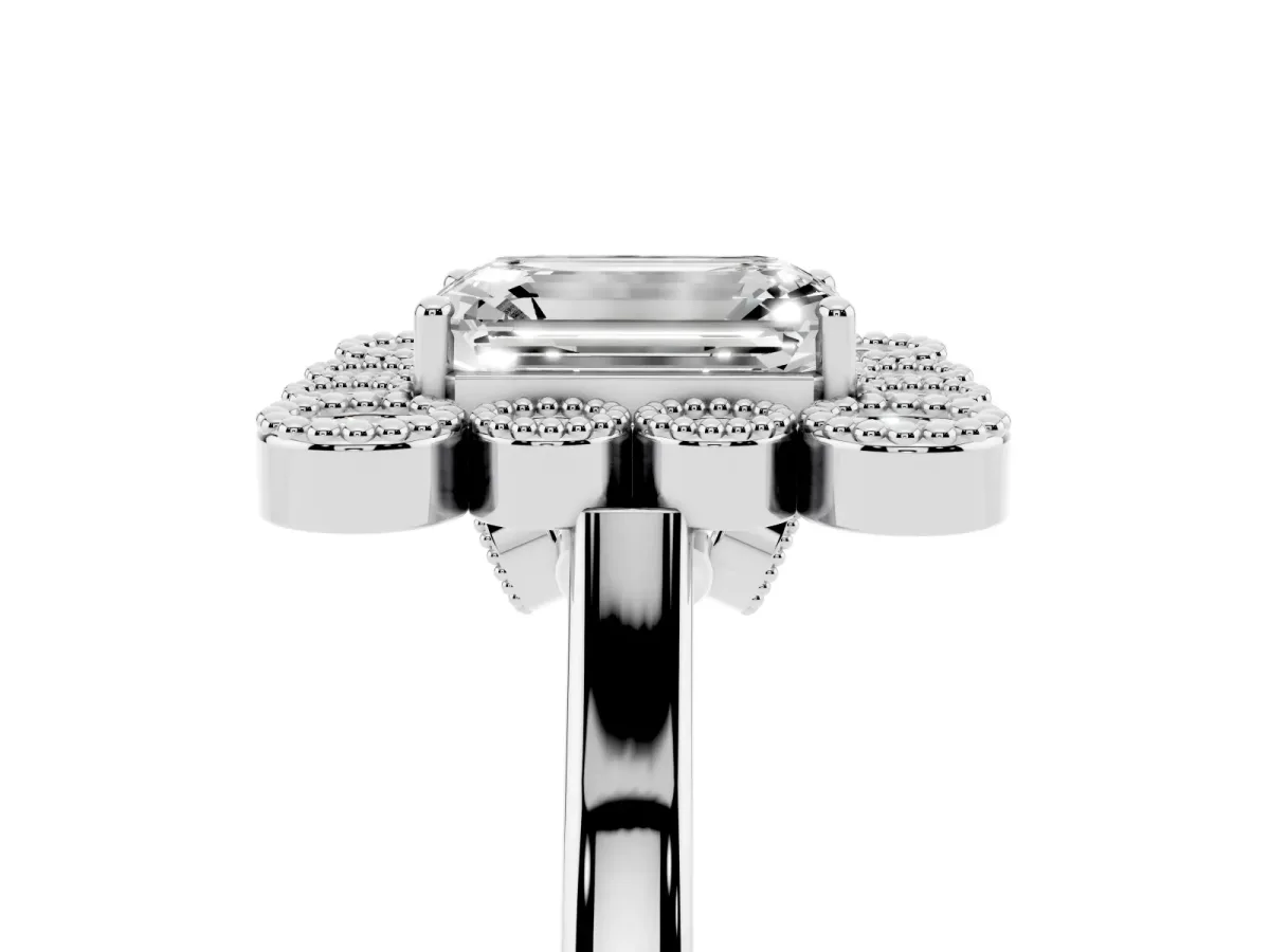 Emerald Cut Halo Diamond Cluster Engagement Ring with Milgrain Bezel Setting and Solitaire Band Platinum