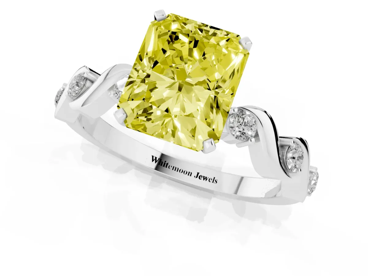 Fancy Yellow Radiant Cut Diamond Solitaire Twisted Band with Round Accents and Prong Setting Platinum