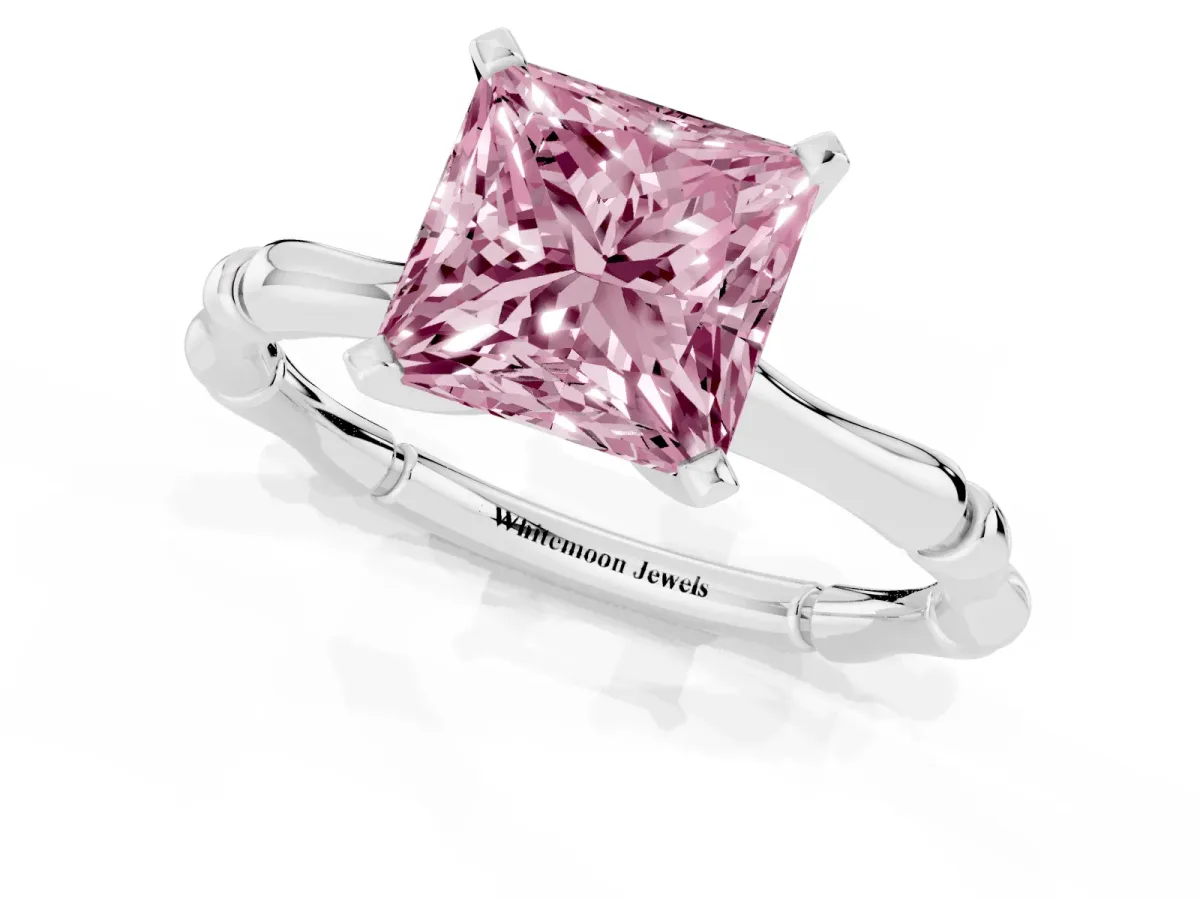 Fancy Pink Princess Cut Solitaire Diamond Ring with Bamboo Band and Four-Prong Setting Silver