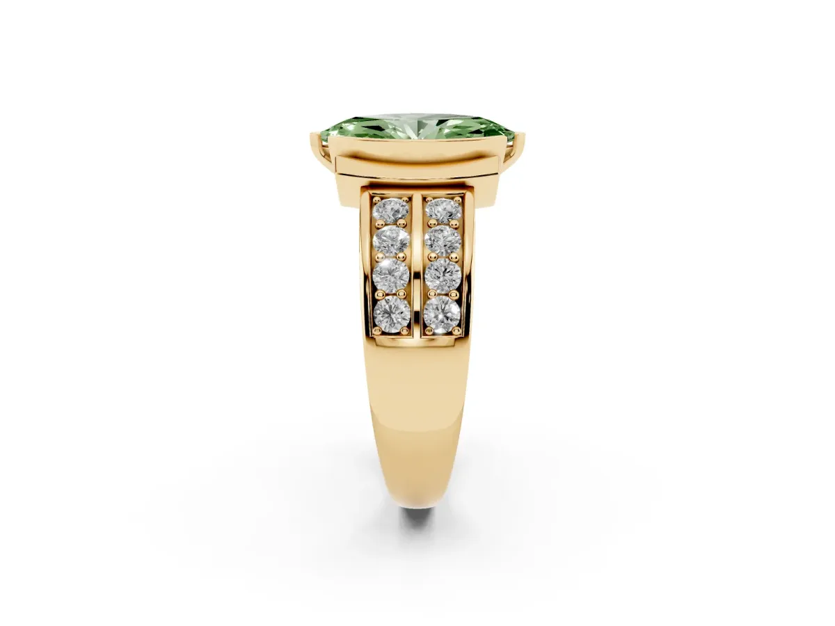 Fancy Green Marquise Cut Brilliant Diamond Channel Set Wide Band Ring with Bezel Setting Yellow gold