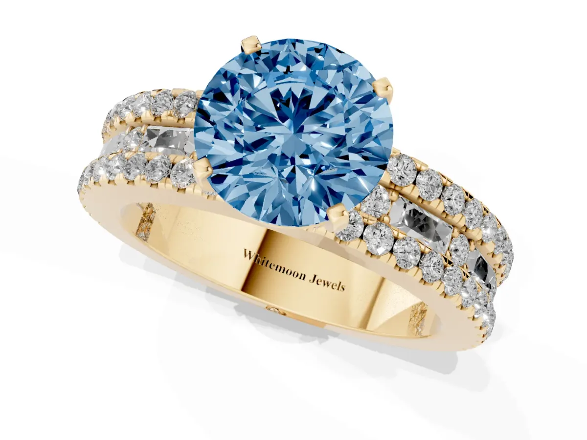 Fancy Blue Round Cut Diamond Solitaire Ring with Pavé and Channel Set Band Yellow gold