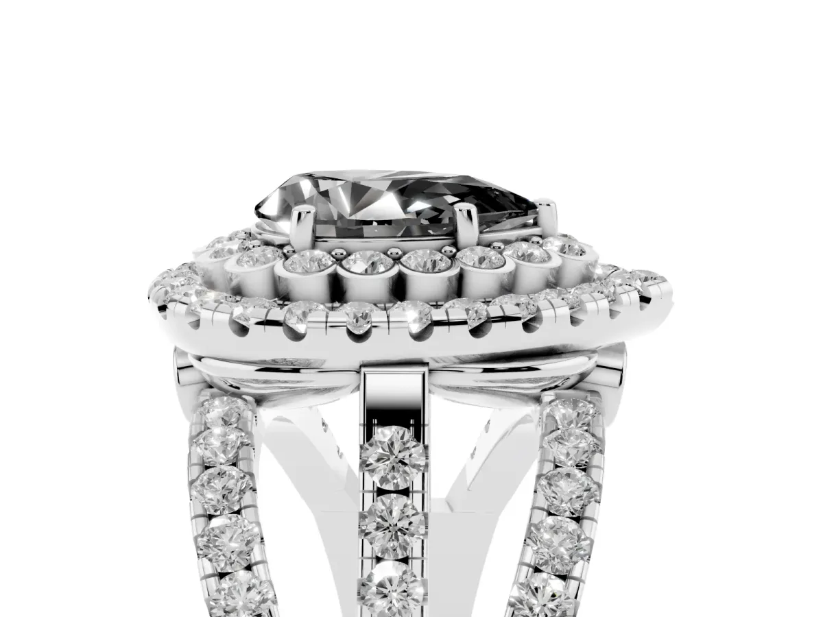 Fancy Black Pear Cut Diamond Double Halo Ring with Round Pavé Split Shank and Prong Setting Silver
