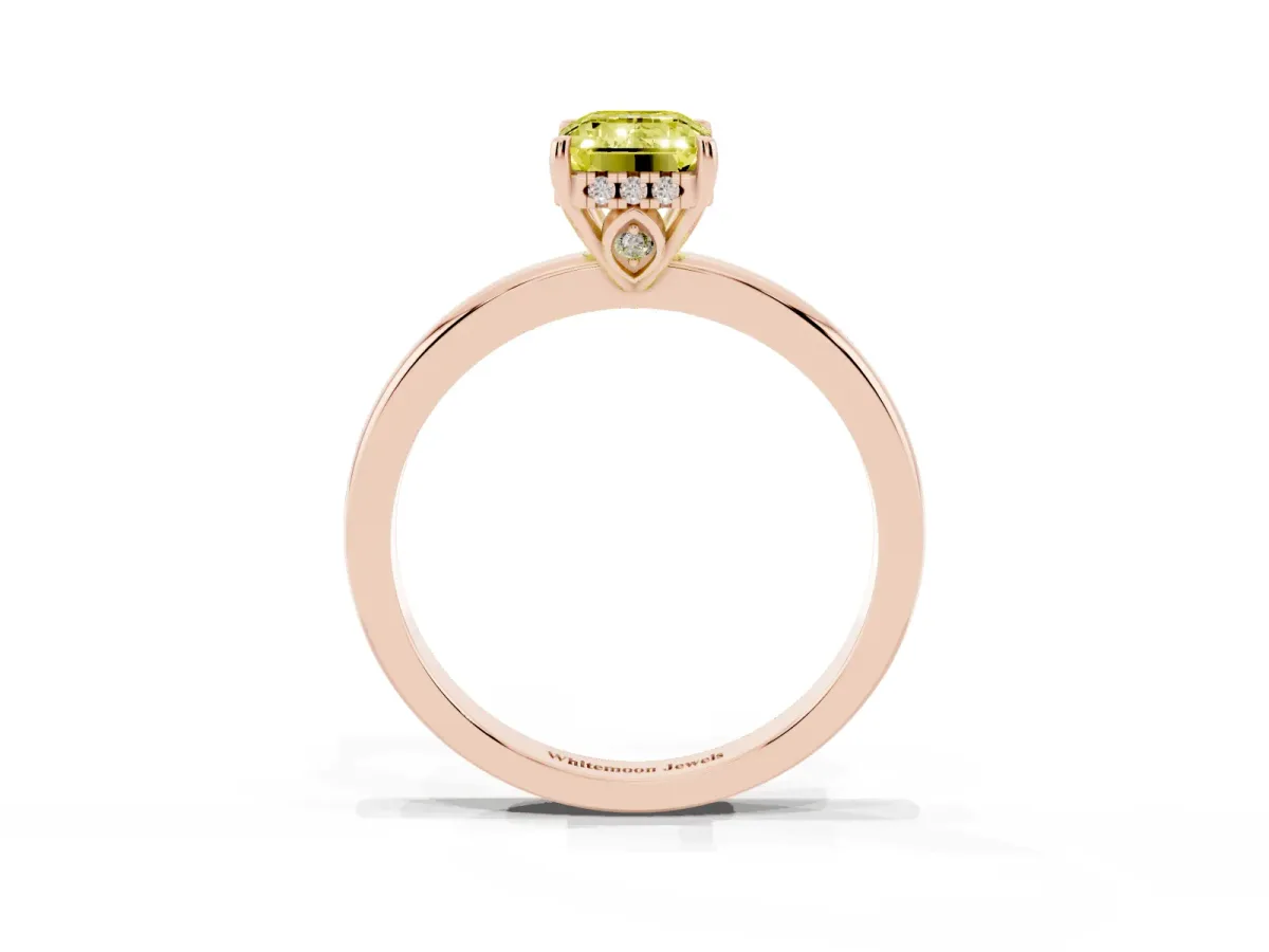 Fancy Yellow Emerald Cut Solitaire Diamond Ring with Prong Setting and Plain Band Rose gold
