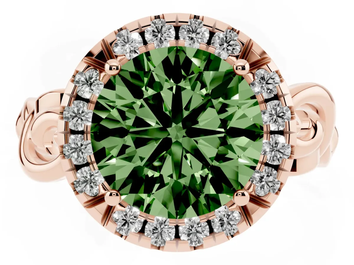 Fancy Green Round Cut Cut Halo Diamond Ring with Scrollwork Band and Four-Prong Setting Rose gold