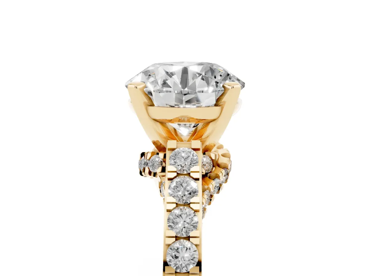 Round Cut Diamond Solitaire Ring with Crossover Gallery and Round Pavé Band Yellow gold