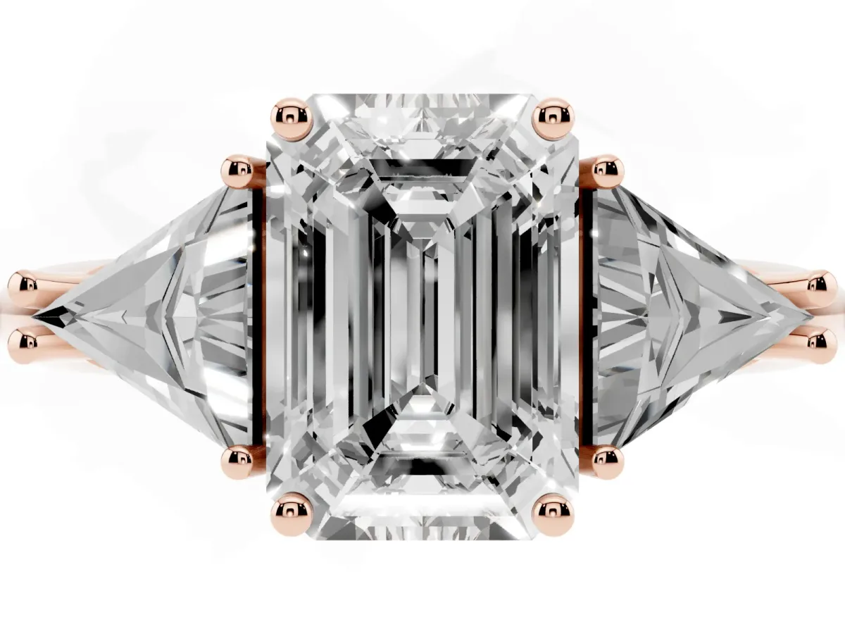 Three-Stone Emerald Cut Diamond Engagement Ring with Trillion Side Stones and Prong Setting Rose gold