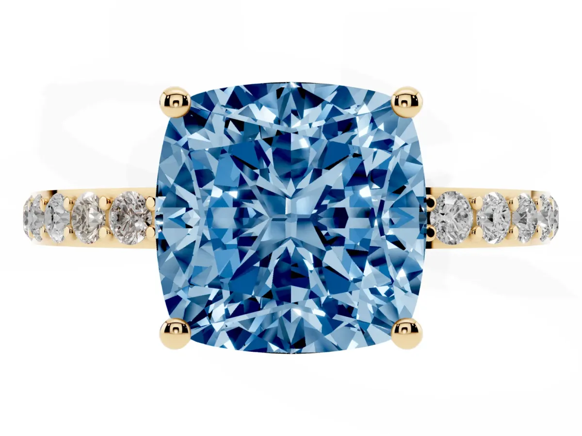 Fancy Blue Cushion Cut Diamond Solitaire Ring with Round Pavé Shoulders and Prong Setting Yellow gold