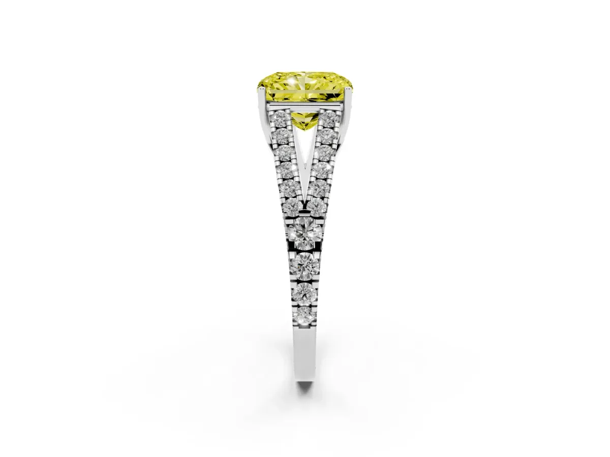 Fancy Yellow Radiant Cut Diamond Split Shank Pavé Engagement Ring with Four-Prong Setting Platinum