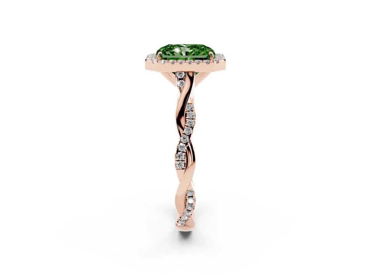 Fancy Green Radiant Cut Halo Twist Band Solitaire Ring Rose gold