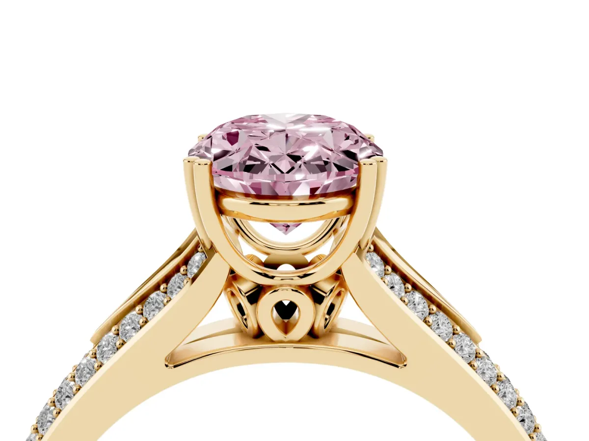 Fancy Pink Oval Cut Diamond Split Shank Engagement Ring with Pavé Band Yellow gold