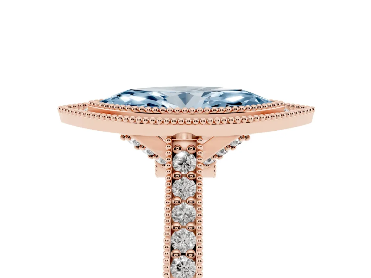 Fancy Blue Halo Marquise Cut-Cut Diamond Pave Band Milgrain Prong Setting Ring Rose gold