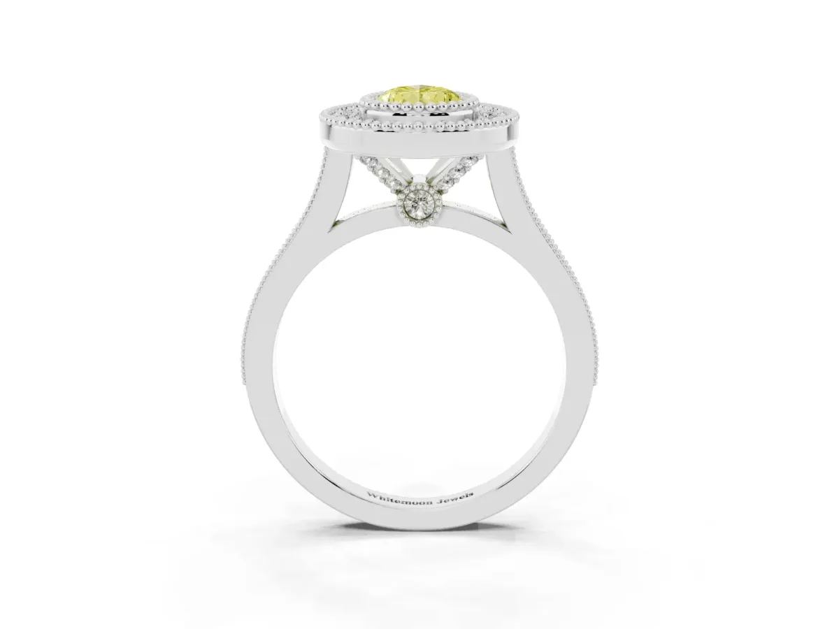 Fancy Yellow Pear Cut Diamond Halo Ring with Milgrain Frame and Pavé Band White gold