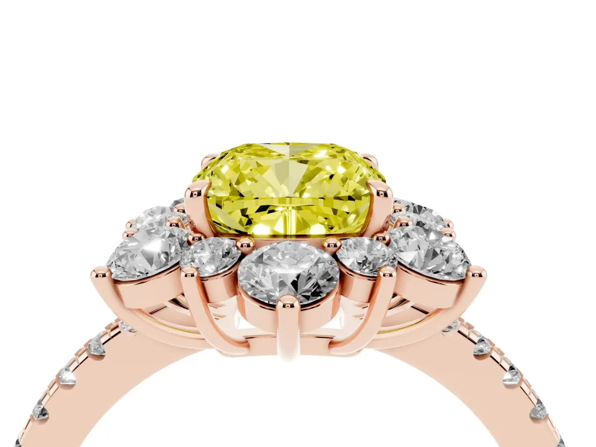 Fancy Yellow Cushion Cut Diamond Floral Halo Ring with Round Pavé Band and Prong Setting Rose gold