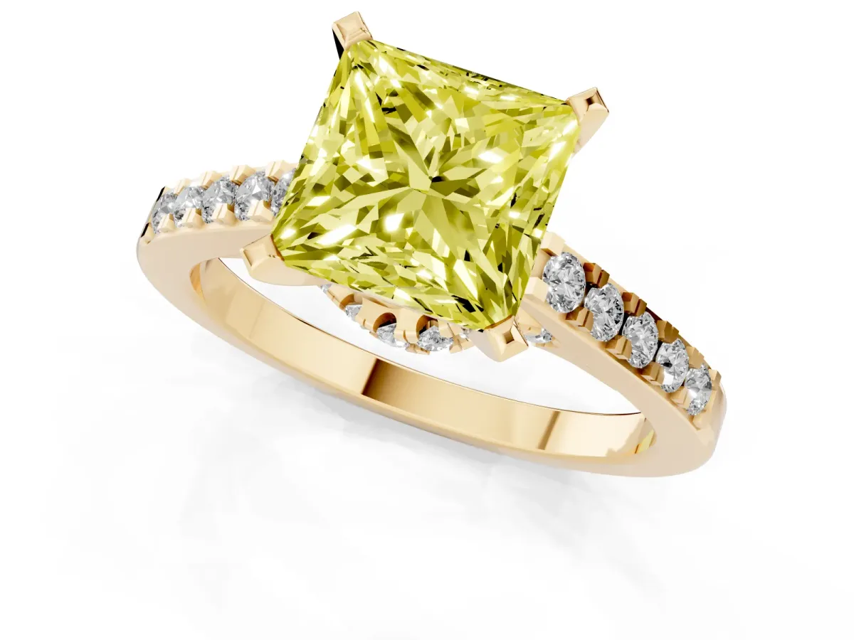 Fancy Yellow Princess Cut Diamond Solitaire Ring with Crossover Gallery and Round Pavé Band Yellow gold