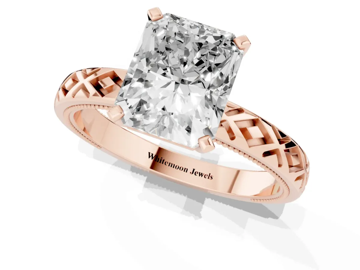 Radiant Cut Solitaire Diamond Ring with Milgrain and Black Enamel X Pattern Band Rose gold