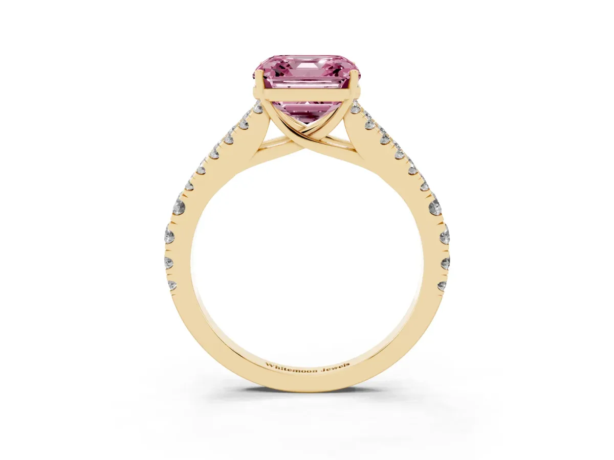 Fancy Pink Asscher Cut Diamond Split Shank Engagement Ring with Round Pavé and Prong Setting Yellow gold