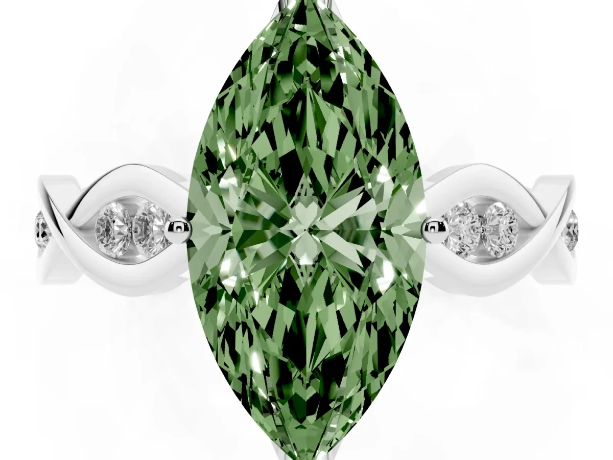 Fancy Green Marquise Cut Solitaire Twist Band with Leaf Prong Setting Silver