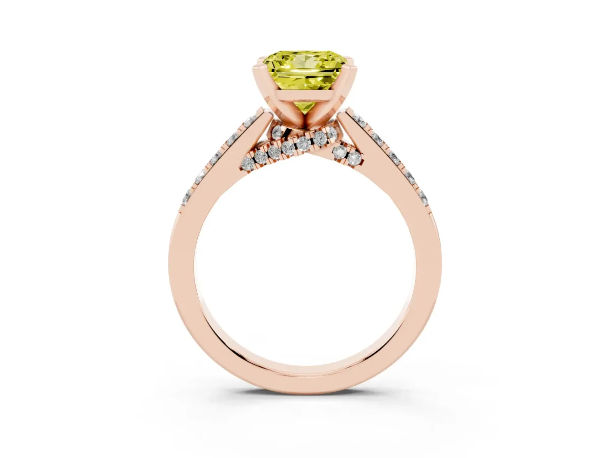 Fancy Yellow Princess Cut Diamond Solitaire Ring with Crossover Gallery and Round Pavé Band Rose gold