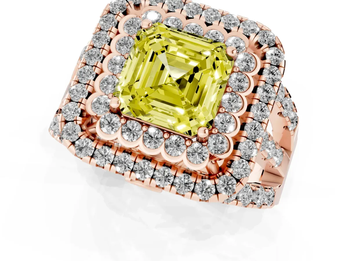 Fancy Yellow Asscher Cut Diamond Double Halo Ring with Round Pavé Split Shank and Prong Setting Rose gold