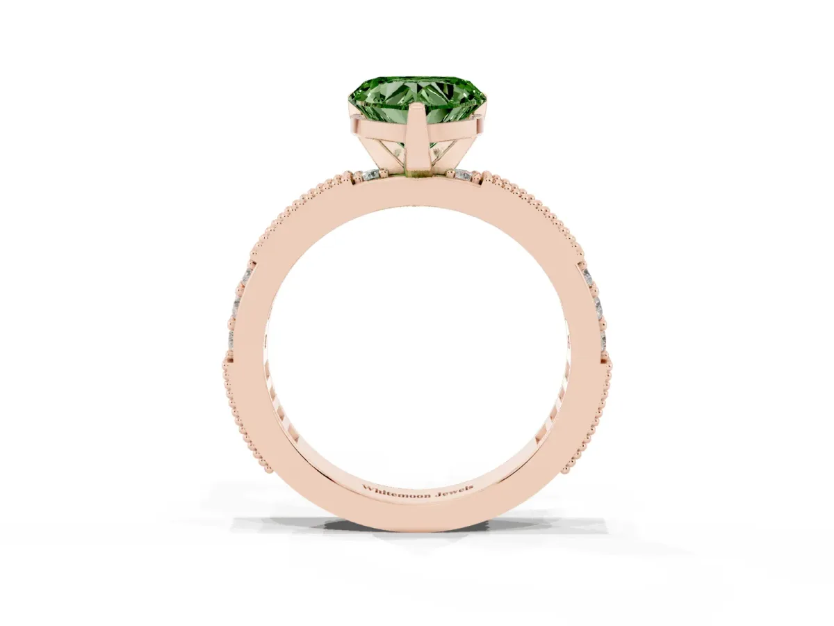 Fancy Green Heart Cut Solitaire with Pavé Band and Four-Prong Setting Rose gold