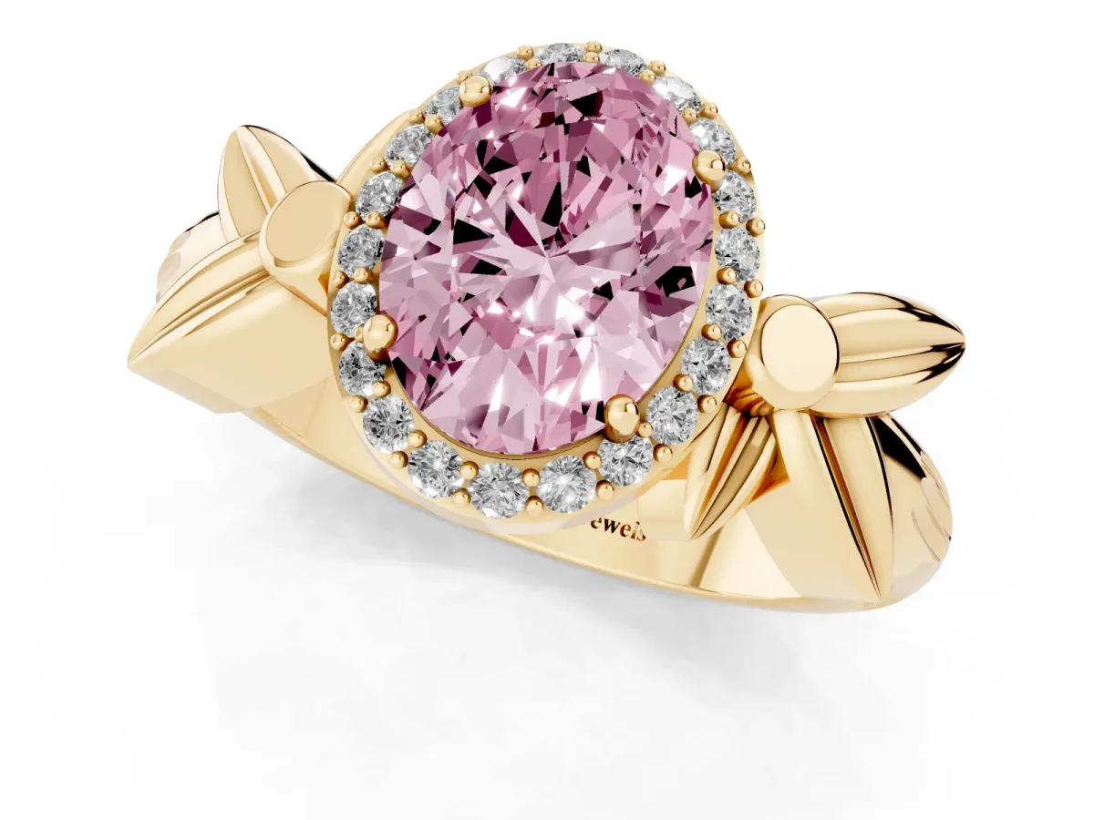 Fancy Pink Oval Cut Halo Diamond Floral Band with Four-Prong Setting Yellow gold