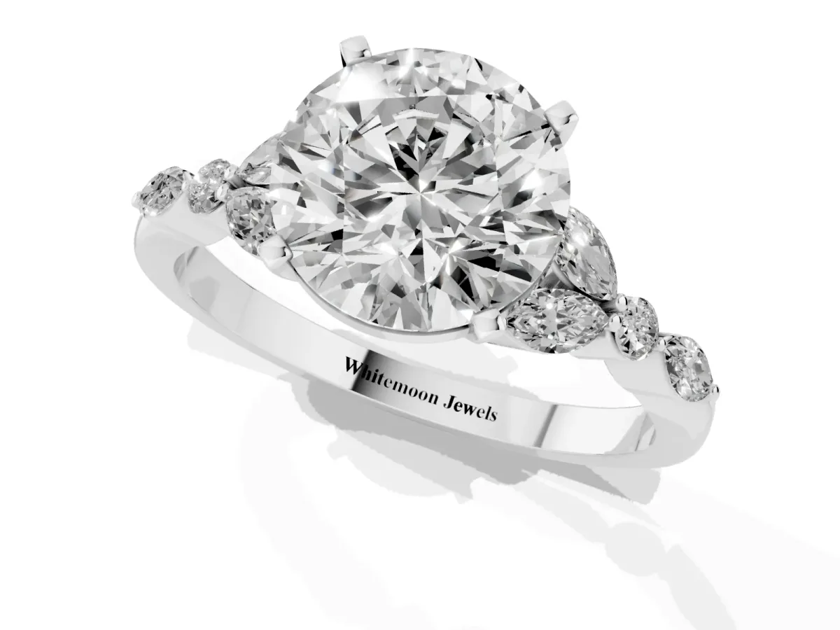 Round Cut Diamond Solitaire Ring with Side Stones and Four-Prong Setting White gold