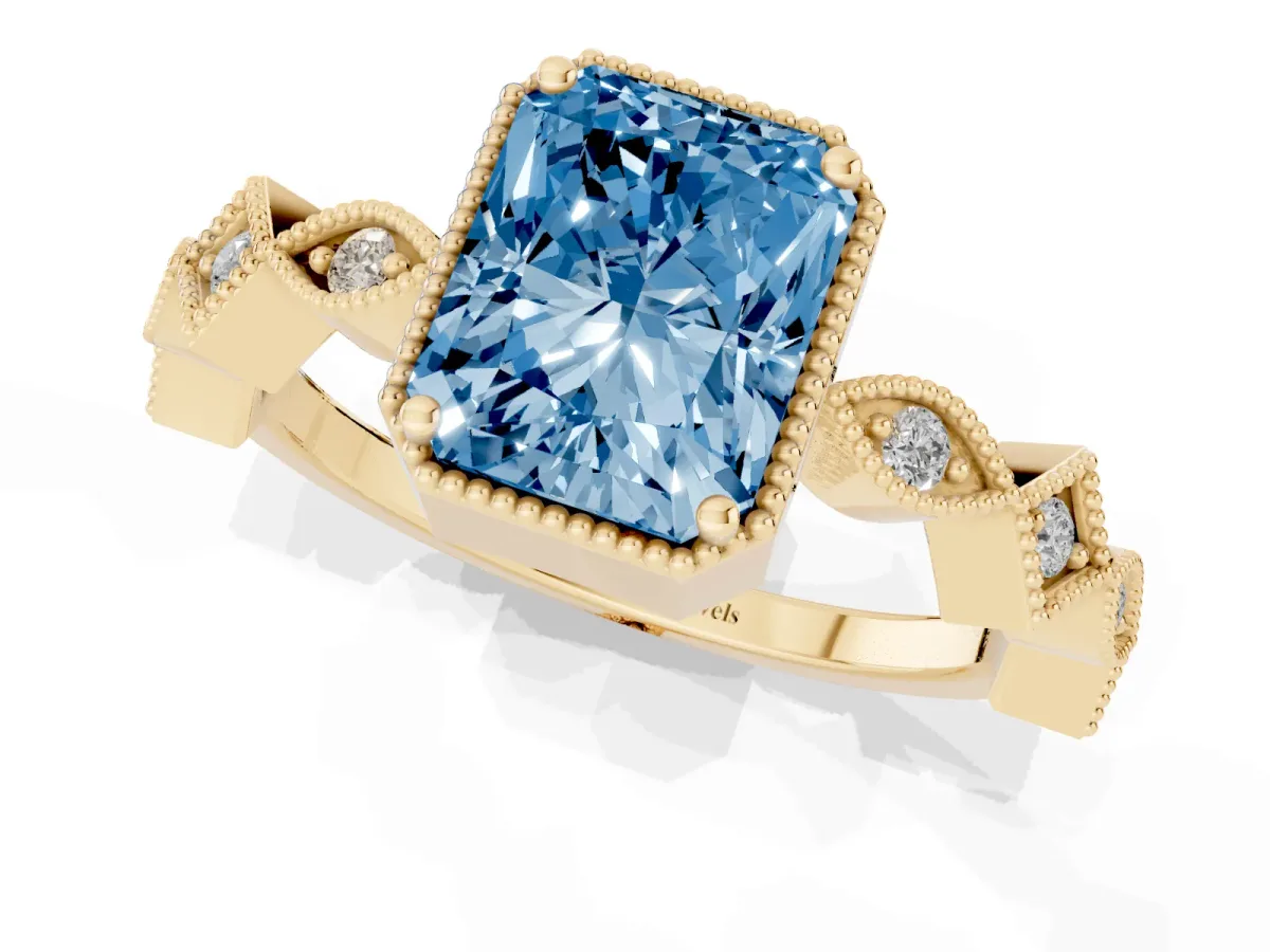Fancy Blue Radiant Cut Milgrain Marquise Diamond Twist Band Ring Yellow gold
