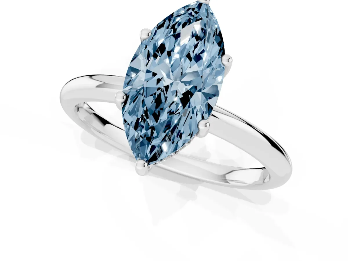 Fancy Blue Marquise Cut Cut Solitaire Engagement Ring with Four-Prong Setting and Classic Band Platinum