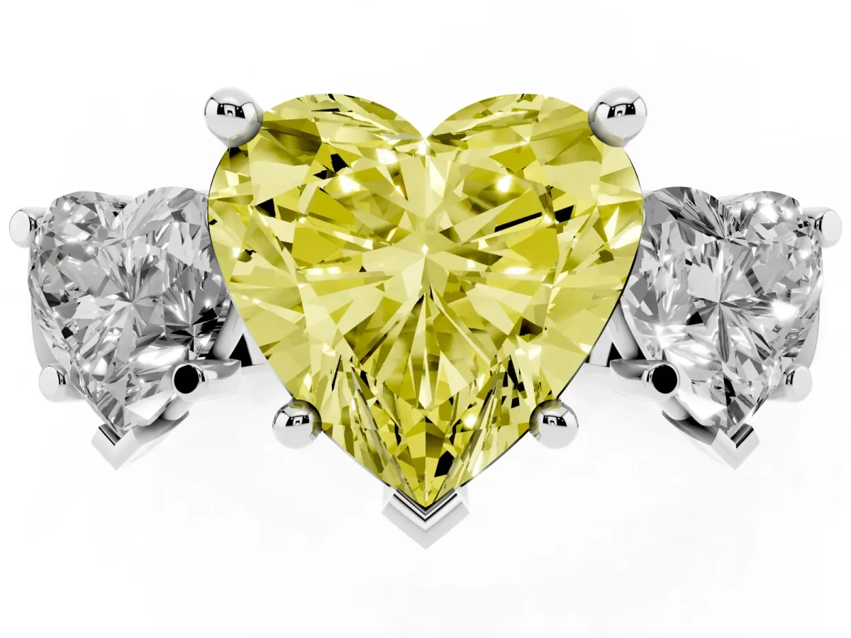 Fancy Yellow Three-Stone Heart Cut Brilliant Diamond Trellis Ring with Comfort Fit Band White gold