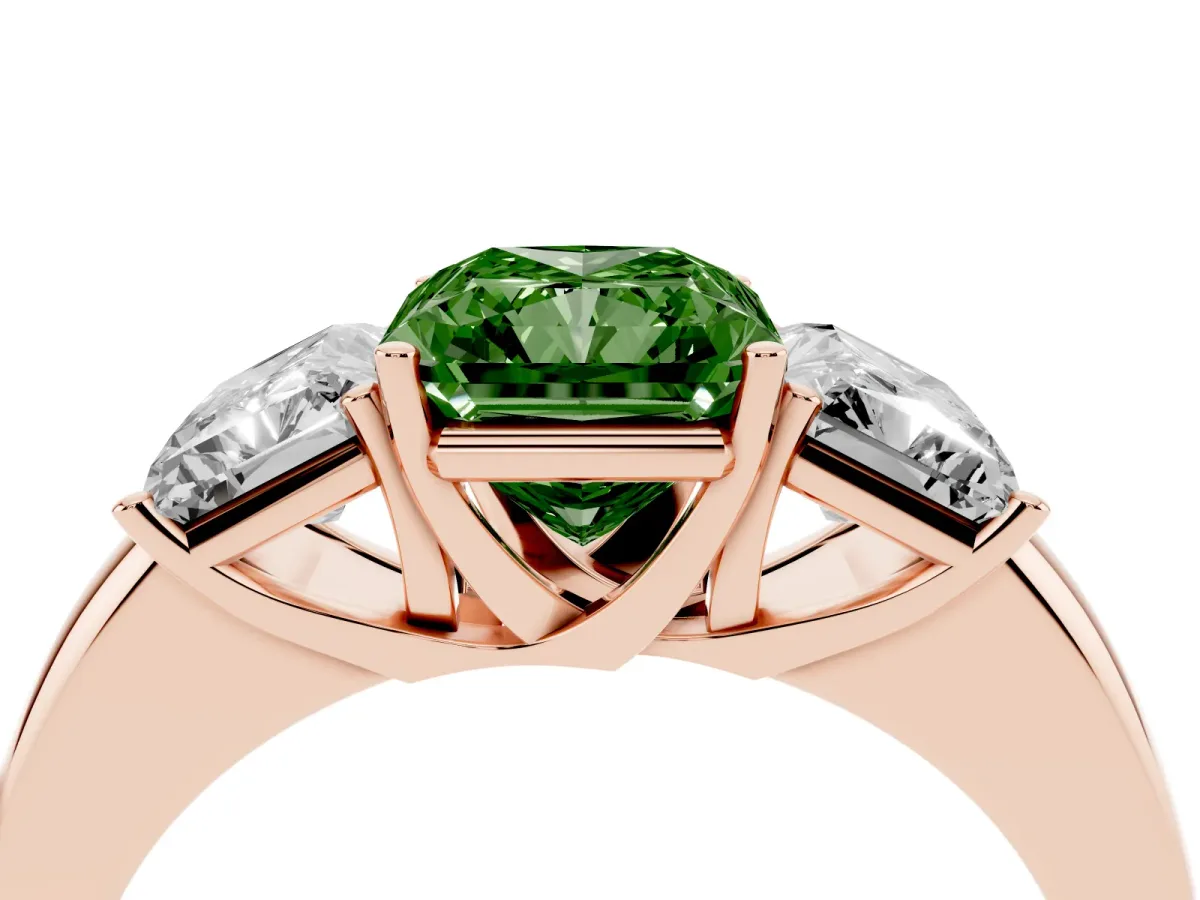 Fancy Green Radiant Cut Diamond Three-Stone Ring with Four-Prong Setting and Classic Band Rose gold