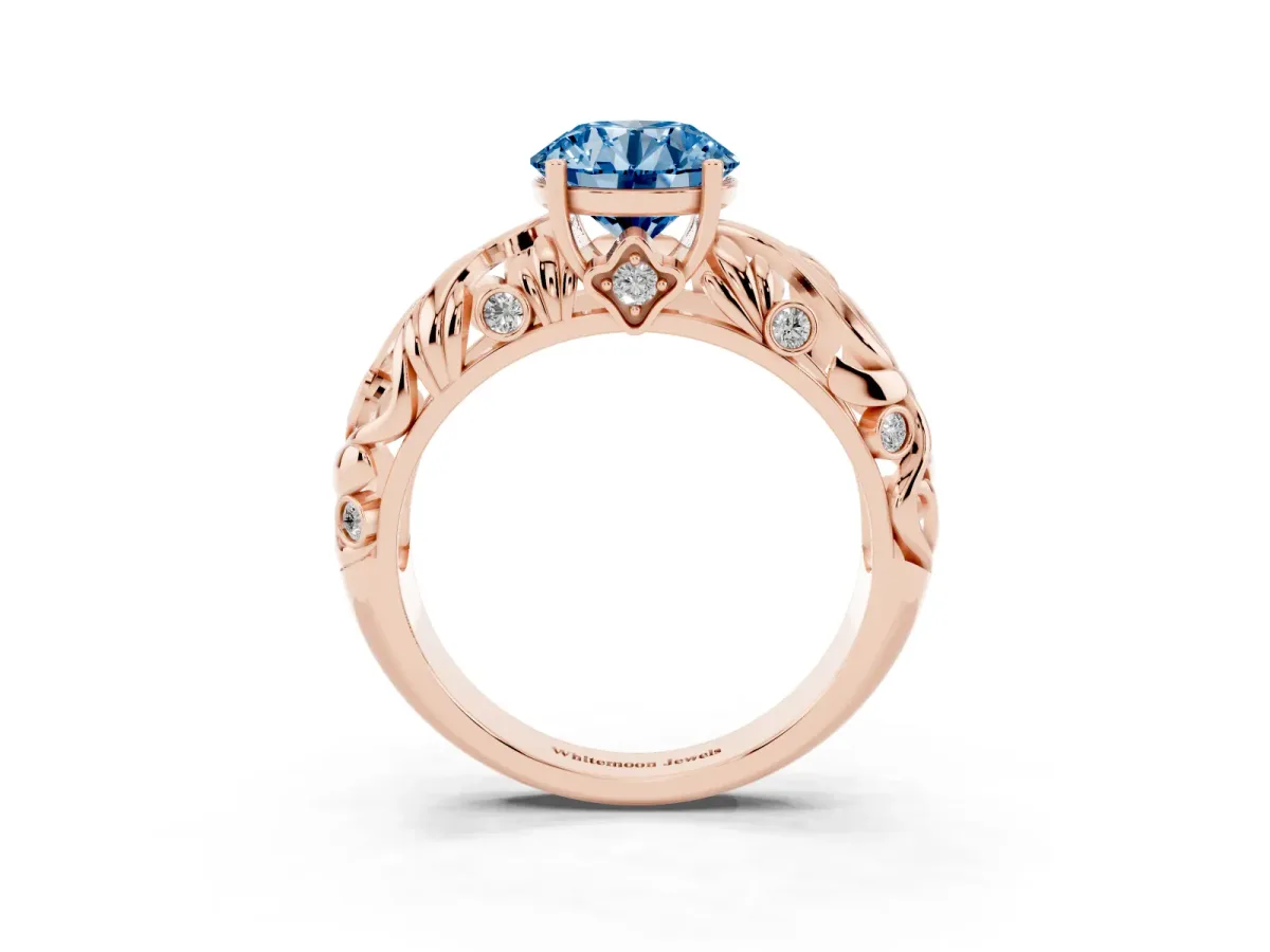 Fancy Blue Round Cut Solitaire Diamond Leaf-Inspired Vine Band Ring with Prong Setting Rose gold