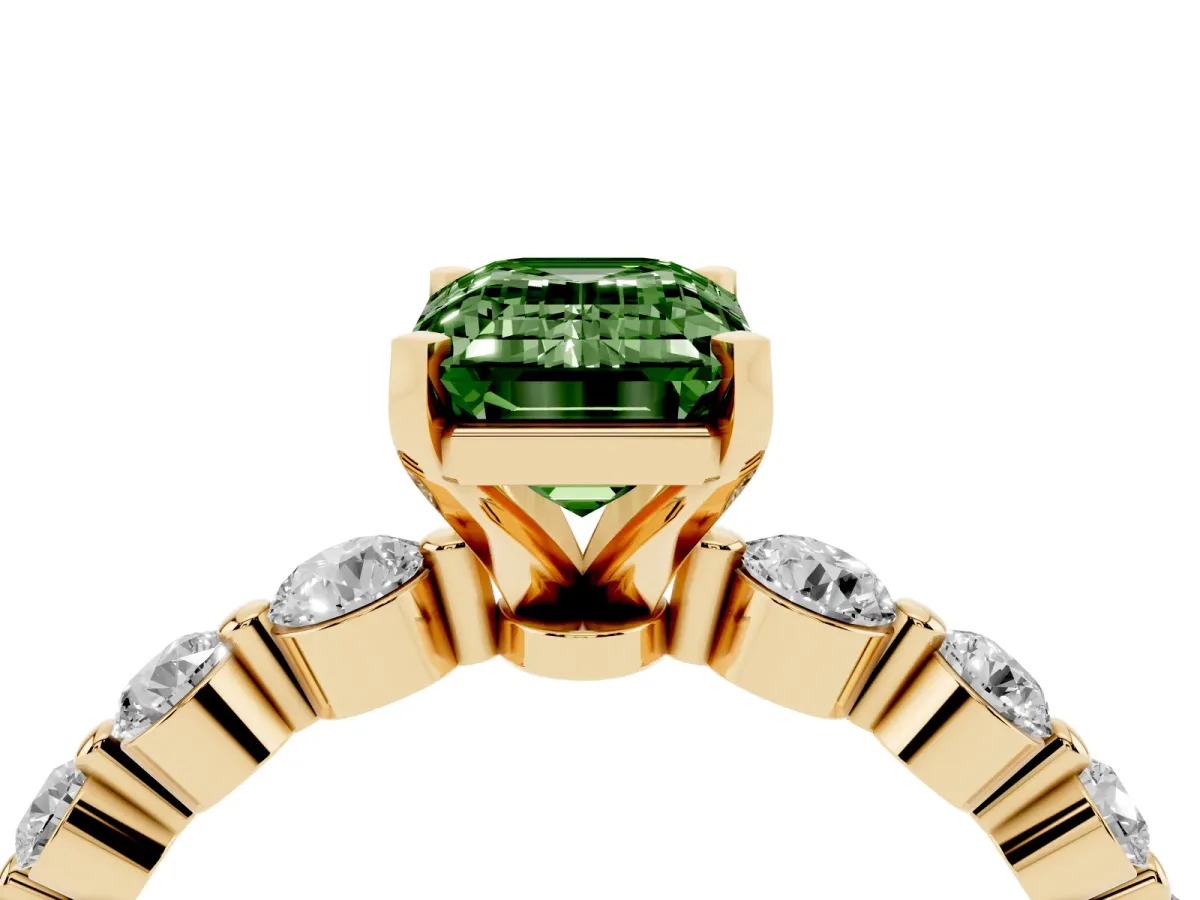 Fancy Green Emerald Cut Solitaire Diamond Ring with Pave Band and Four-Prong Setting Yellow gold