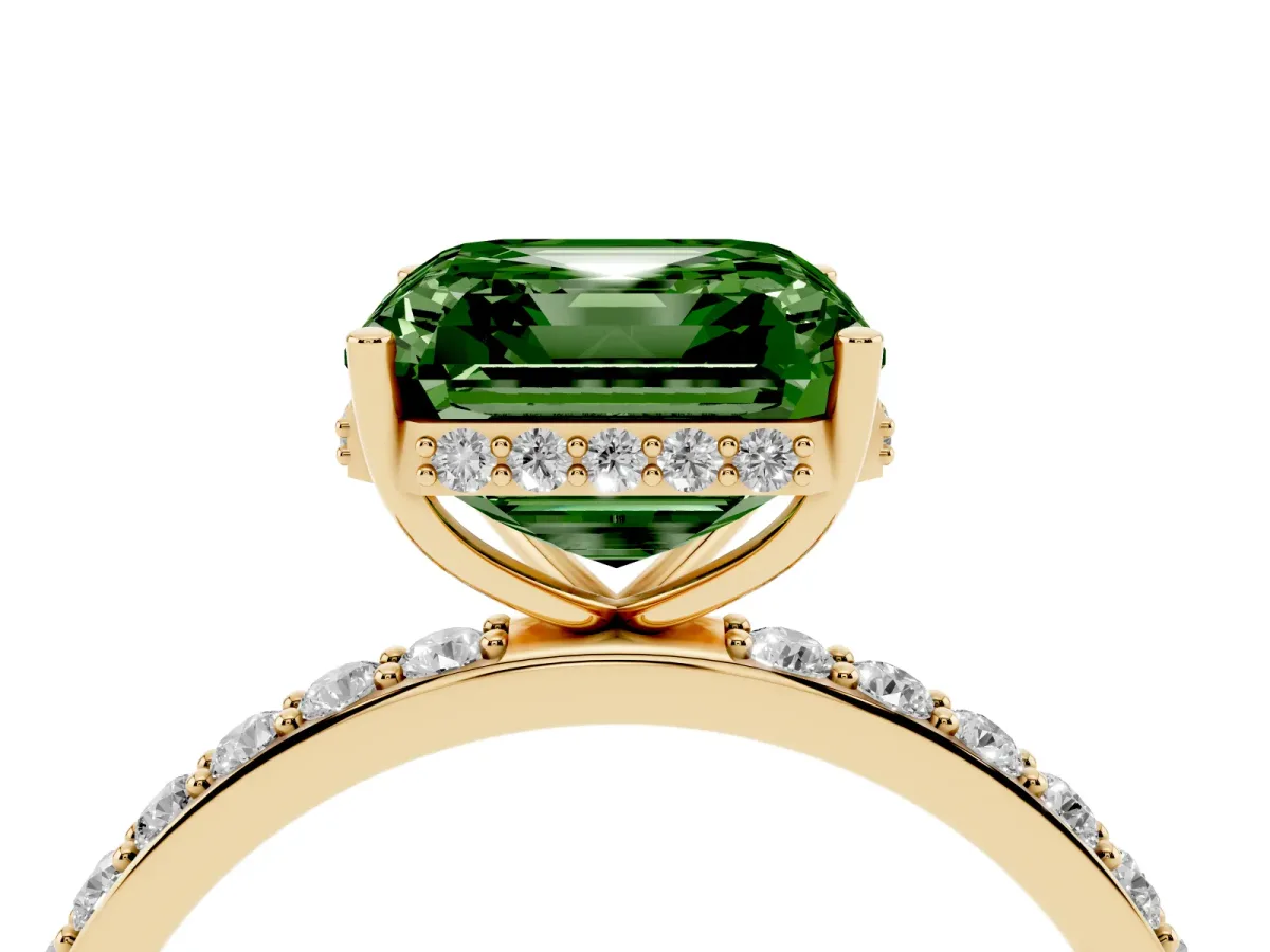 Fancy Green Asscher Cut Diamond Solitaire Ring with Pavé Band and Hidden Halo Yellow gold