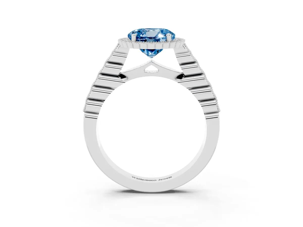 Fancy Blue Round Cut Cut Halo Pavé Solitaire Ring with Milgrain Band Silver