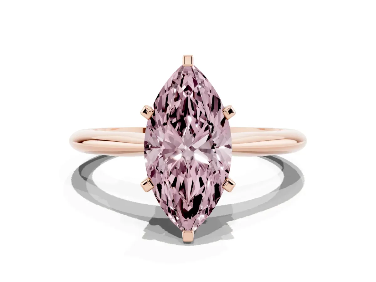 Fancy Pink Marquise Cut Cut Solitaire Ring with Four-Prong Setting on a Classic Band Rose gold